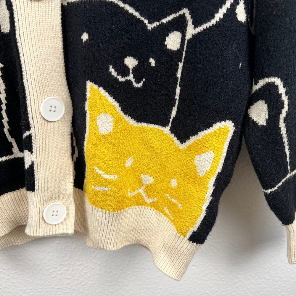 Oversized Chunky Knit Whimsigoth Sweater Small Cat Pattern Cardigan Artsy Unique - Picture 2 of 8